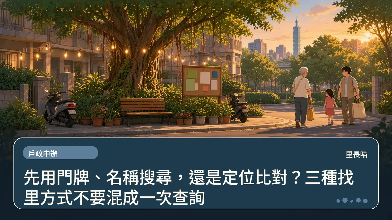 先用門牌、名稱搜尋,還是定位比對?三種找里方式不要混成一次查詢主題插畫