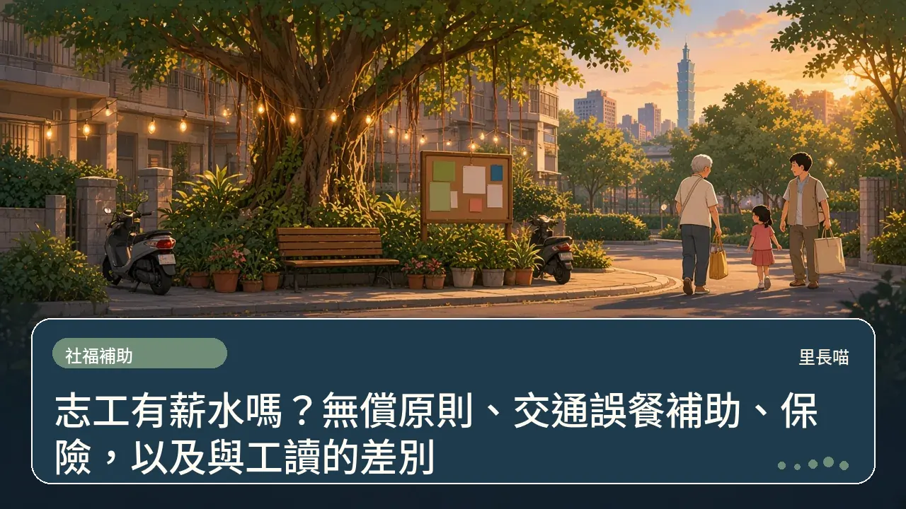 志工有薪水嗎？無償原則、交通誤餐補助、保險，以及與工讀的差別主題插畫
