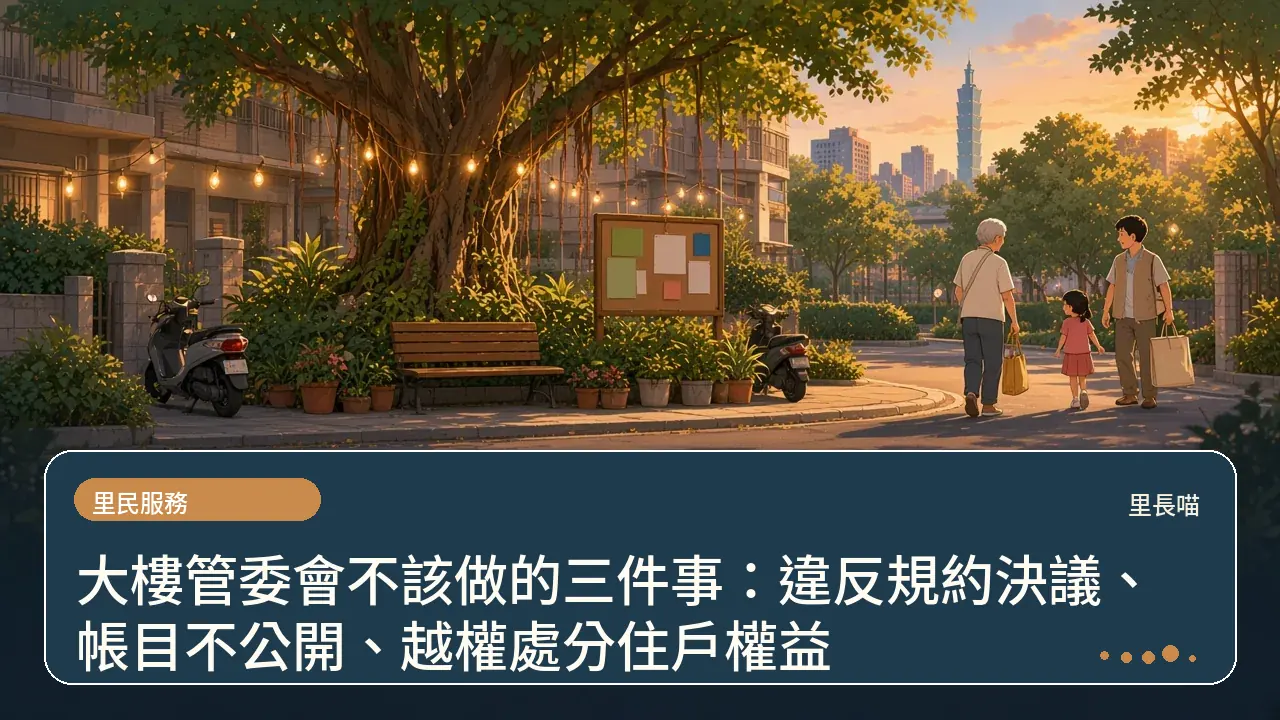 大樓管委會不該做的三件事:違反規約決議、帳目不公開、越權處分住戶權益主題插畫