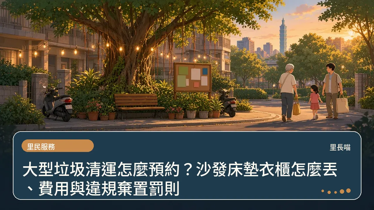 大型垃圾清運怎麼預約?沙發床墊衣櫃怎麼丟、費用與違規棄置罰則主題插畫