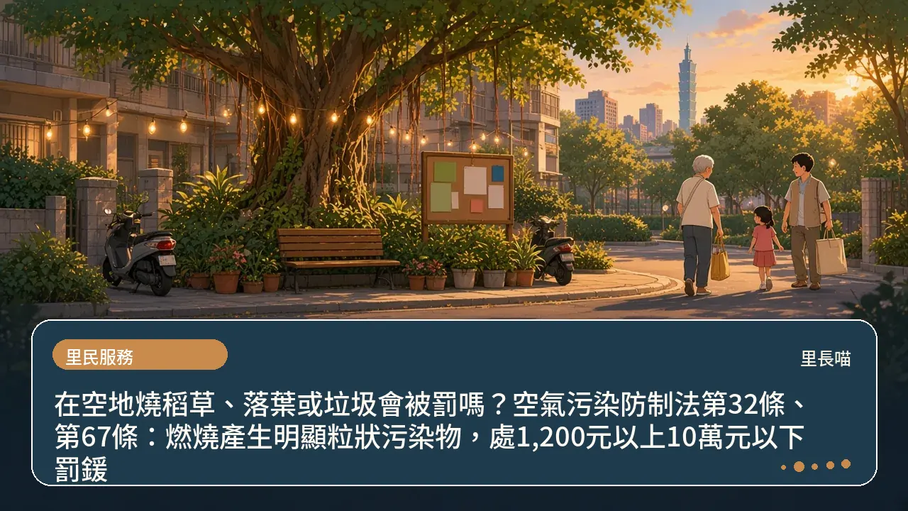 在空地燒稻草、落葉或垃圾會被罰嗎?空氣污染防制法第32條、第67條:燃燒產生明顯粒狀污染物,處1,200元以上10萬元以下罰鍰主題插畫