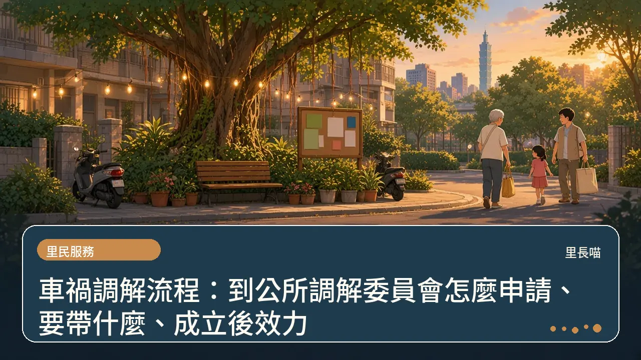 車禍調解流程:到公所調解委員會怎麼申請、要帶什麼、成立後效力主題插畫