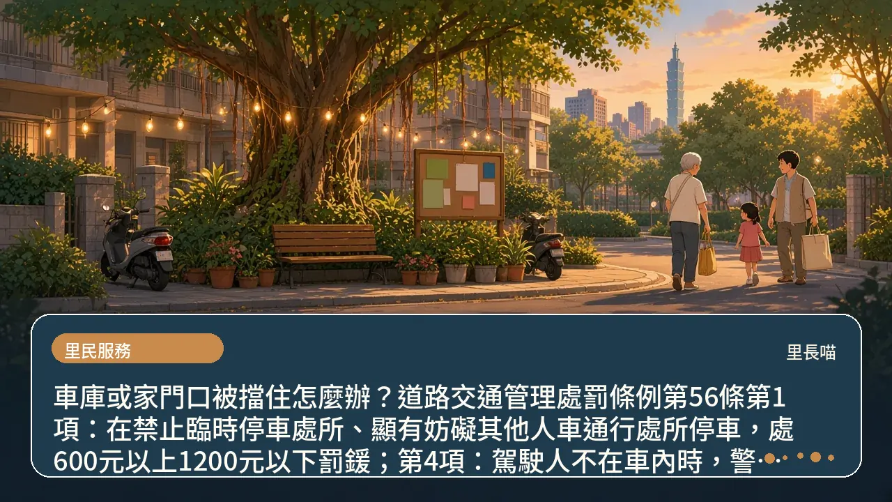 車庫或家門口被擋住怎麼辦？道路交通管理處罰條例第56條第1項：在禁止臨時停車處所、顯有妨礙其他人車通行處所停車，處600元以上1200元以下罰鍰；第4項：駕駛人不在車內時，警察得代為移置主題插畫