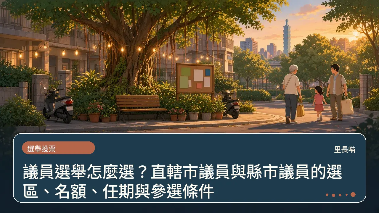 議員選舉怎麼選?直轄市議員與縣市議員的選區、名額、任期與參選條件主題插畫