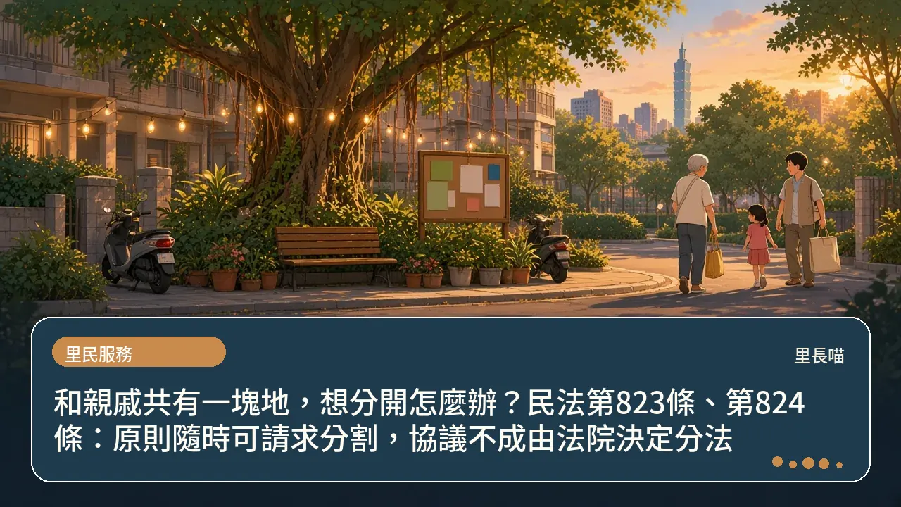 和親戚共有一塊地,想分開怎麼辦?民法第823條、第824條:原則隨時可請求分割,協議不成由法院決定分法主題插畫