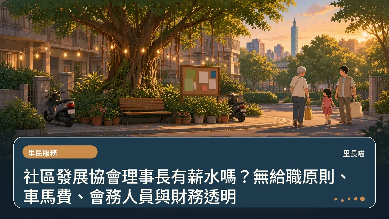 社區發展協會理事長有薪水嗎?無給職原則、車馬費、會務人員與財務透明主題插畫