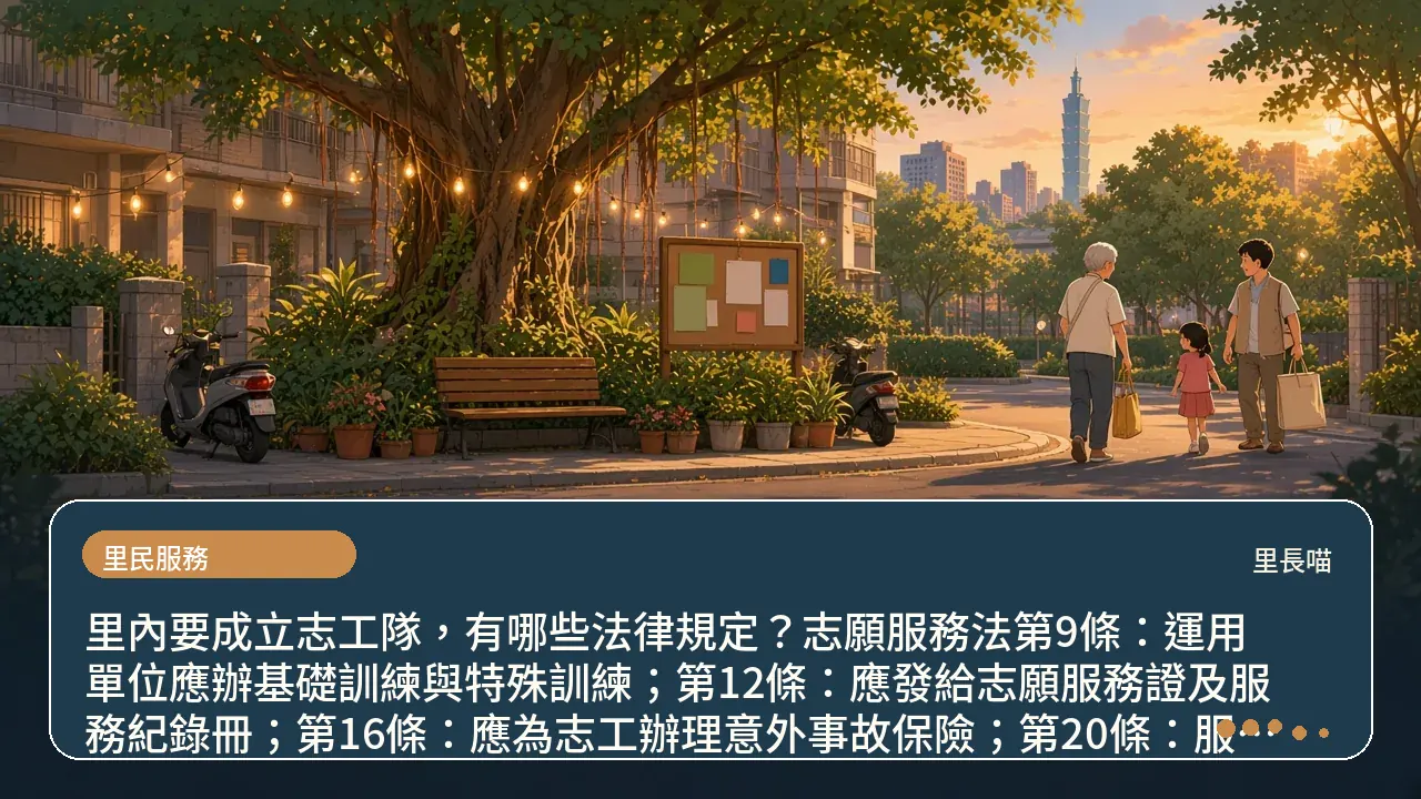 里內要成立志工隊，有哪些法律規定？志願服務法第9條：運用單位應辦基礎訓練與特殊訓練；第12條：應發給志願服務證及服務紀錄冊；第16條：應為志工辦理意外事故保險；第20條：服務年資滿3年、時數達300小時可申請志願服務榮譽卡主題插畫