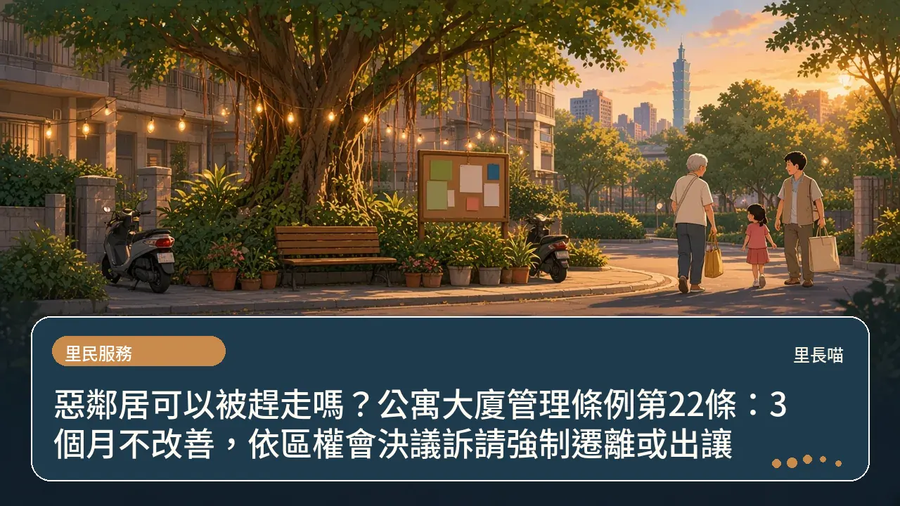 惡鄰居可以被趕走嗎?公寓大廈管理條例第22條:3個月不改善,依區權會決議訴請強制遷離或出讓主題插畫