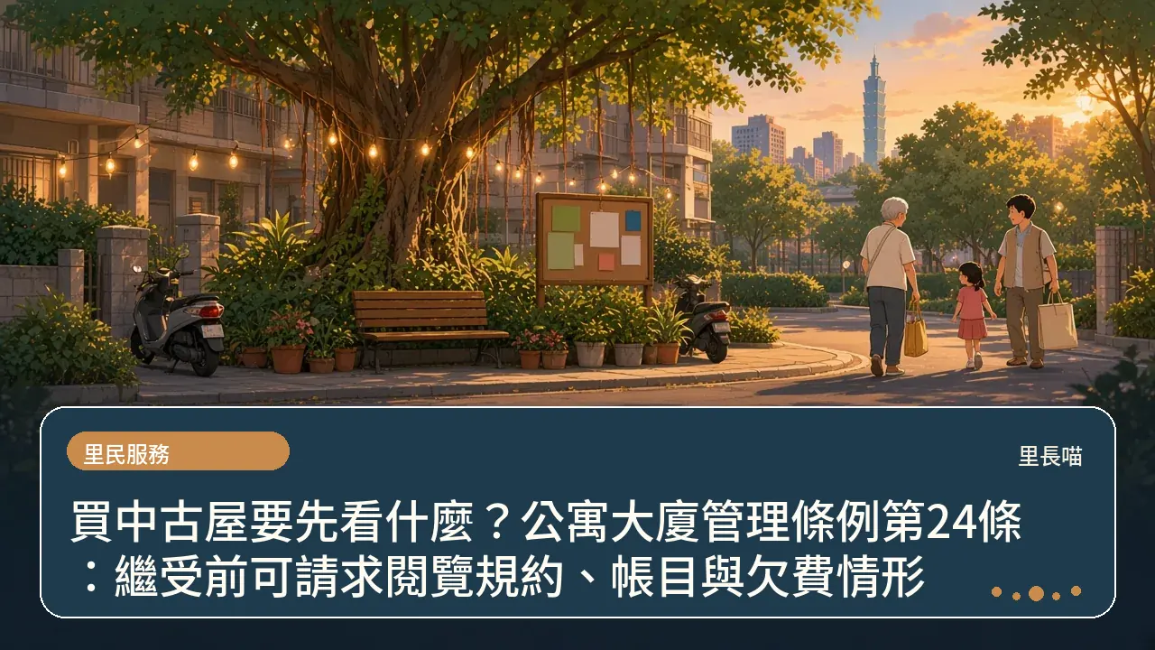 買中古屋要先看什麼?公寓大廈管理條例第24條:繼受前可請求閱覽規約、帳目與欠費情形主題插畫