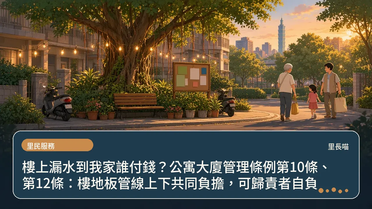 樓上漏水到我家誰付錢?公寓大廈管理條例第10條、第12條:樓地板管線上下共同負擔,可歸責者自負主題插畫