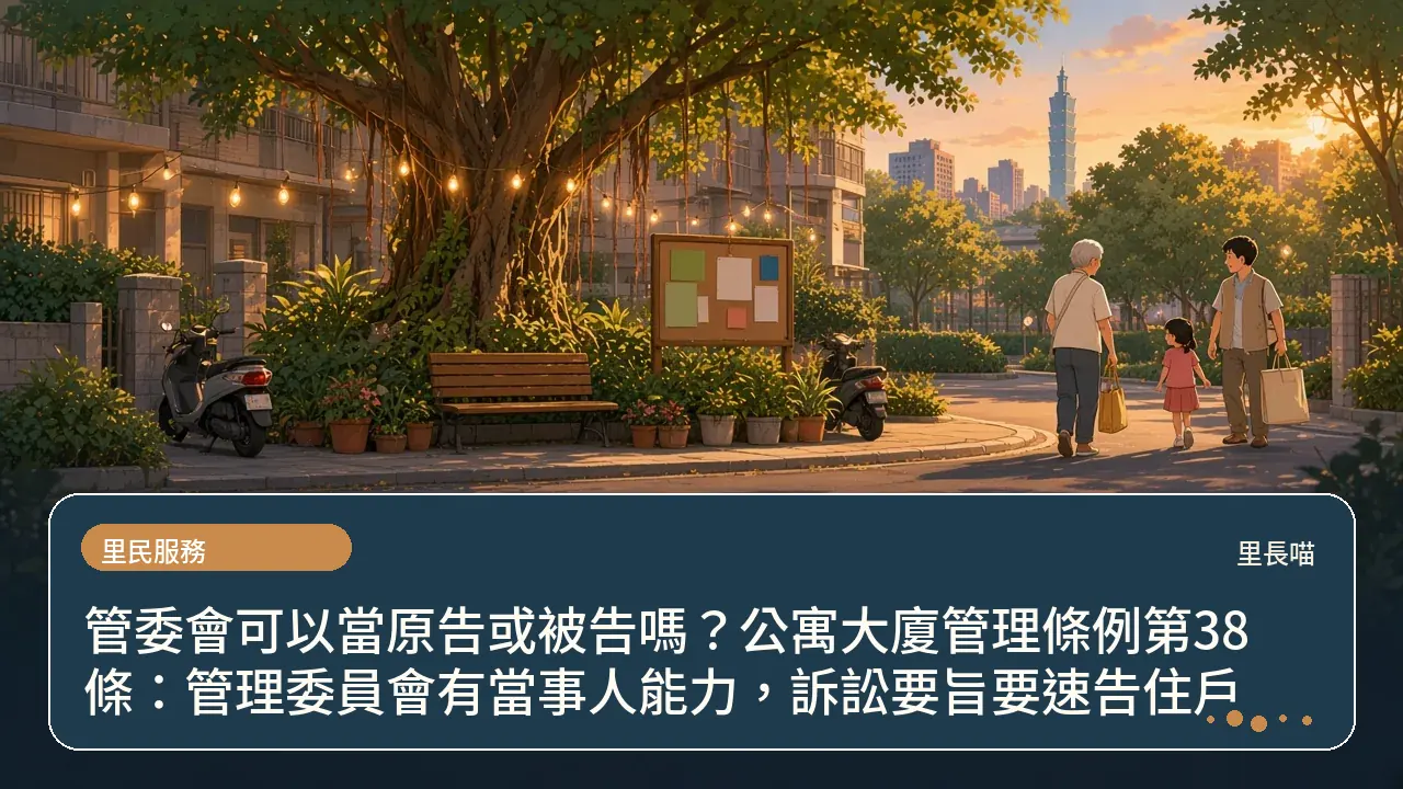 管委會可以當原告或被告嗎?公寓大廈管理條例第38條:管理委員會有當事人能力,訴訟要旨要速告住戶主題插畫