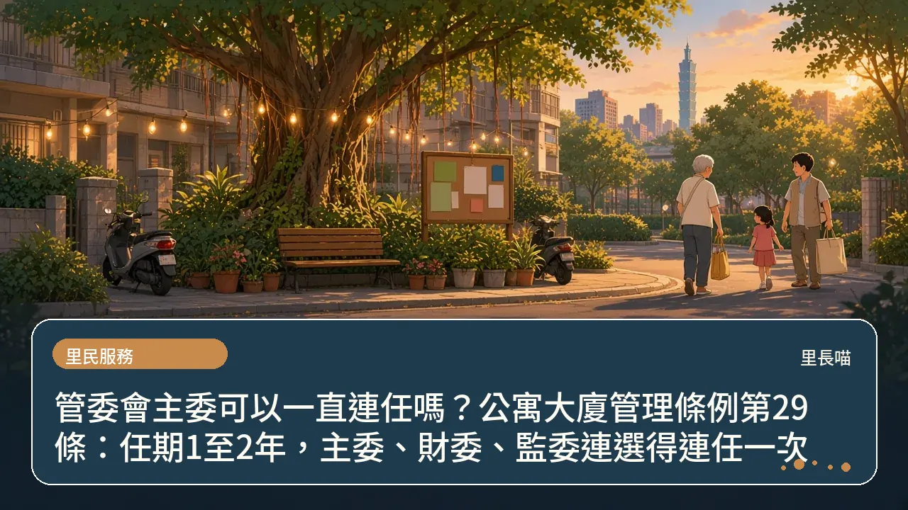 管委會主委可以一直連任嗎?公寓大廈管理條例第29條:任期1至2年,主委、財委、監委連選得連任一次主題插畫