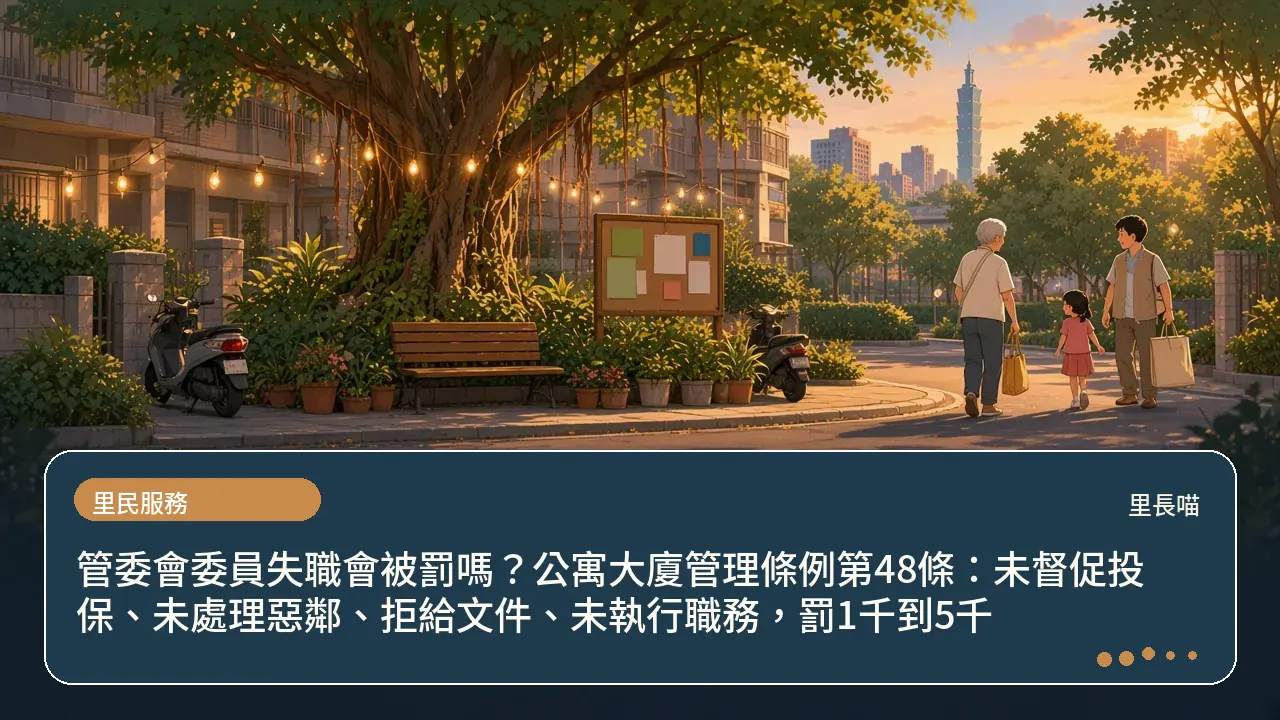 管委會委員失職會被罰嗎？公寓大廈管理條例第48條：未督促投保、未處理惡鄰、拒給文件、未執行職務，罰1千到5千主題插畫