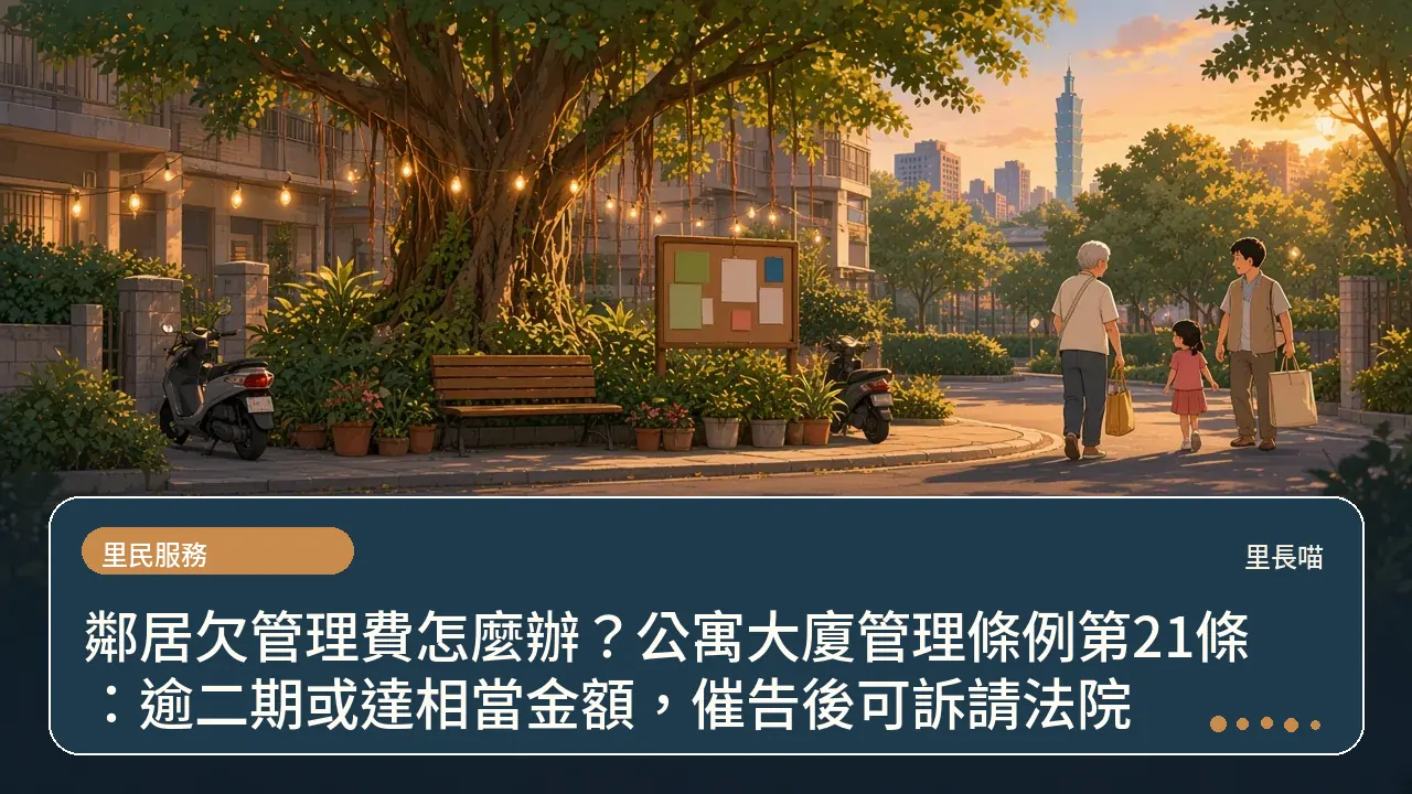 鄰居欠管理費怎麼辦?公寓大廈管理條例第21條:逾二期或達相當金額,催告後可訴請法院主題插畫