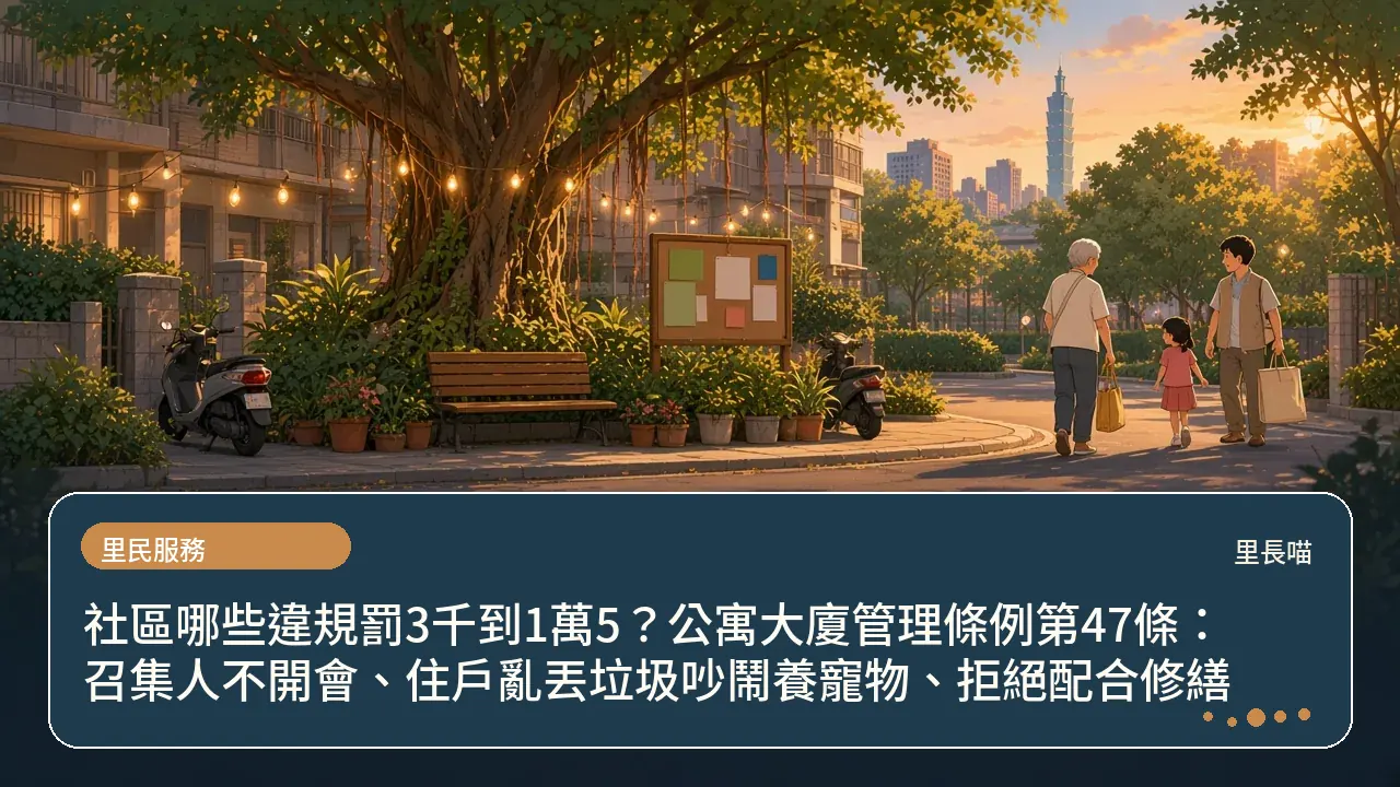 社區哪些違規罰3千到1萬5?公寓大廈管理條例第47條:召集人不開會、住戶亂丟垃圾吵鬧養寵物、拒絕配合修繕主題插畫