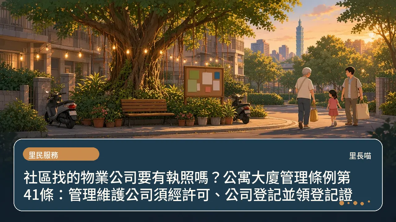 社區找的物業公司要有執照嗎?公寓大廈管理條例第41條:管理維護公司須經許可、公司登記並領登記證主題插畫