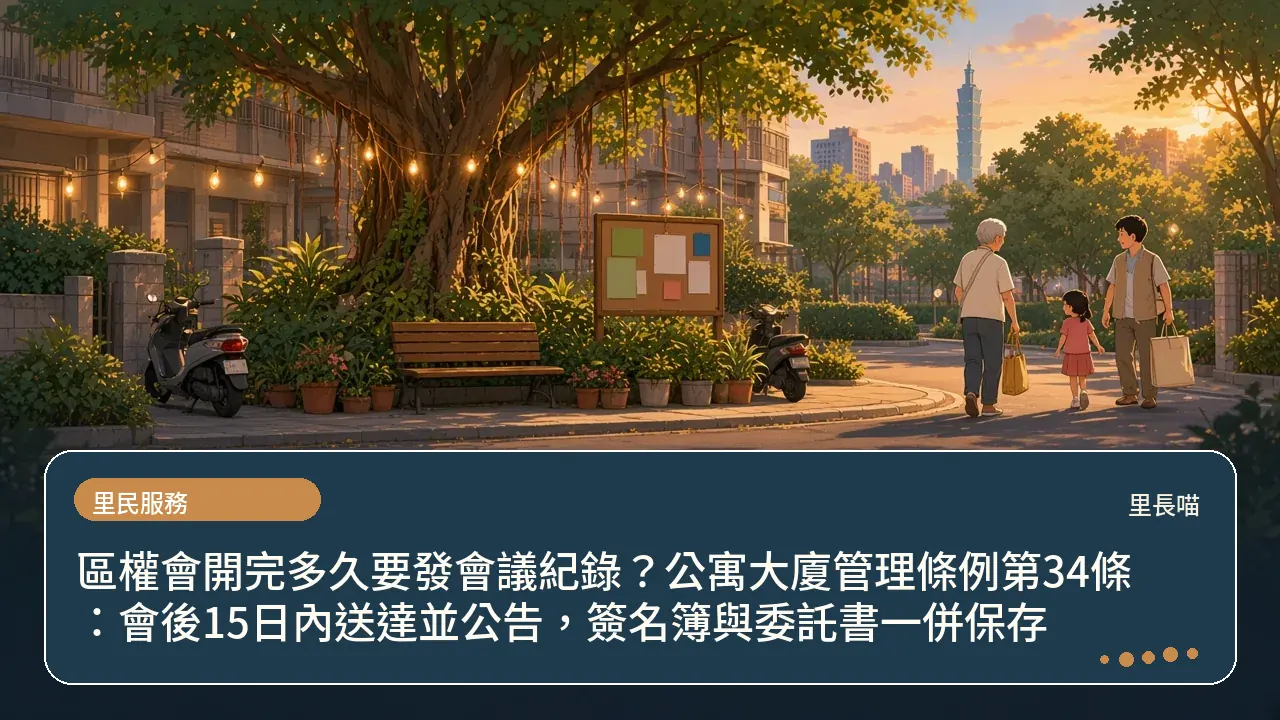 區權會開完多久要發會議紀錄？公寓大廈管理條例第34條：會後15日內送達並公告，簽名簿與委託書一併保存主題插畫