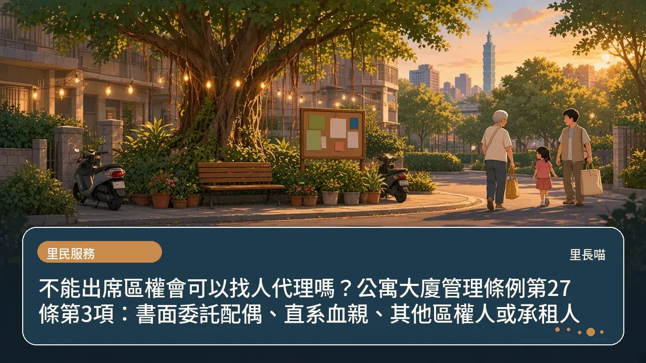 不能出席區權會可以找人代理嗎?公寓大廈管理條例第27條第3項:書面委託配偶、直系血親、其他區權人或承租人主題插畫