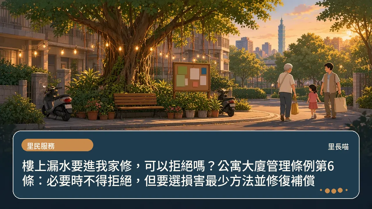 樓上漏水要進我家修,可以拒絕嗎?公寓大廈管理條例第6條:必要時不得拒絕,但要選損害最少方法並修復補償主題插畫