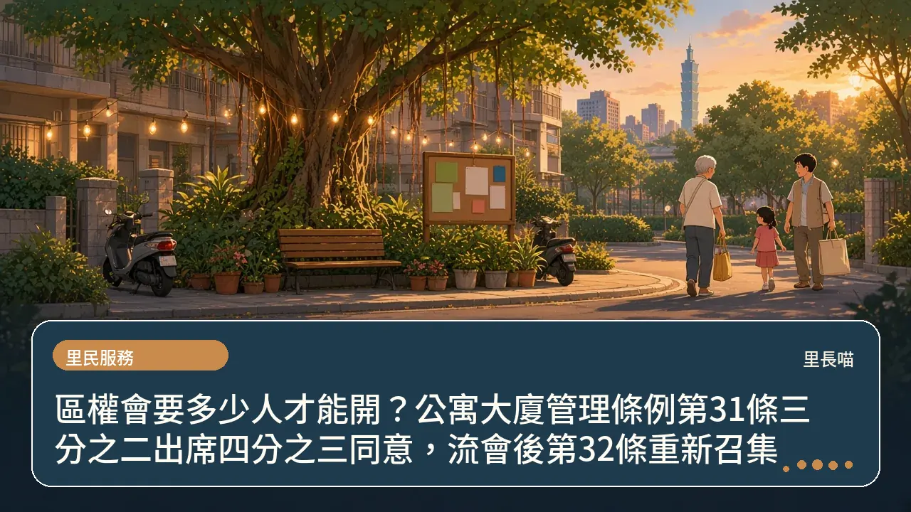 區權會要多少人才能開?公寓大廈管理條例第31條三分之二出席四分之三同意,流會後第32條重新召集主題插畫