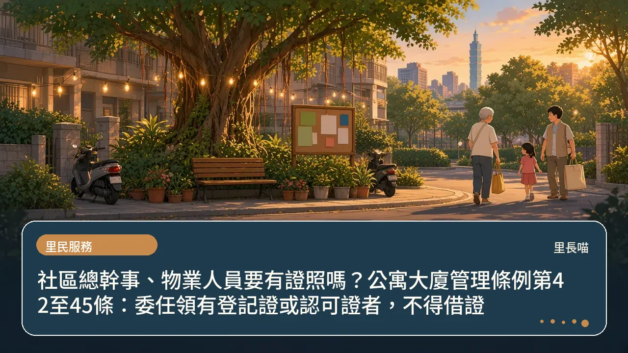 社區總幹事、物業人員要有證照嗎?公寓大廈管理條例第42至45條:委任領有登記證或認可證者,不得借證主題插畫