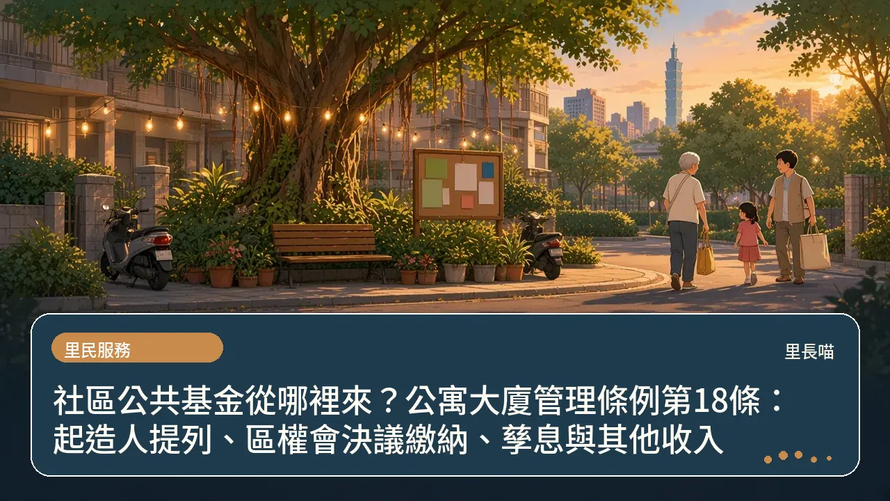 社區公共基金從哪裡來?公寓大廈管理條例第18條:起造人提列、區權會決議繳納、孳息與其他收入主題插畫