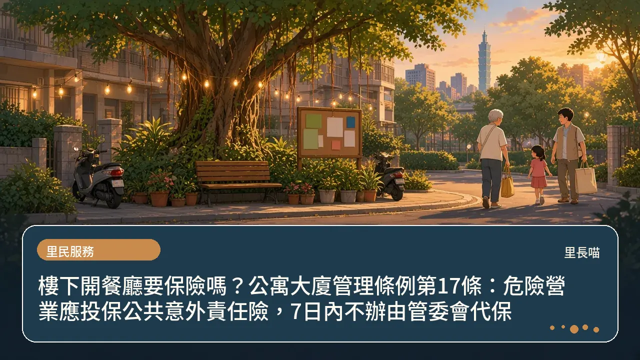 樓下開餐廳要保險嗎?公寓大廈管理條例第17條:危險營業應投保公共意外責任險,7日內不辦由管委會代保主題插畫