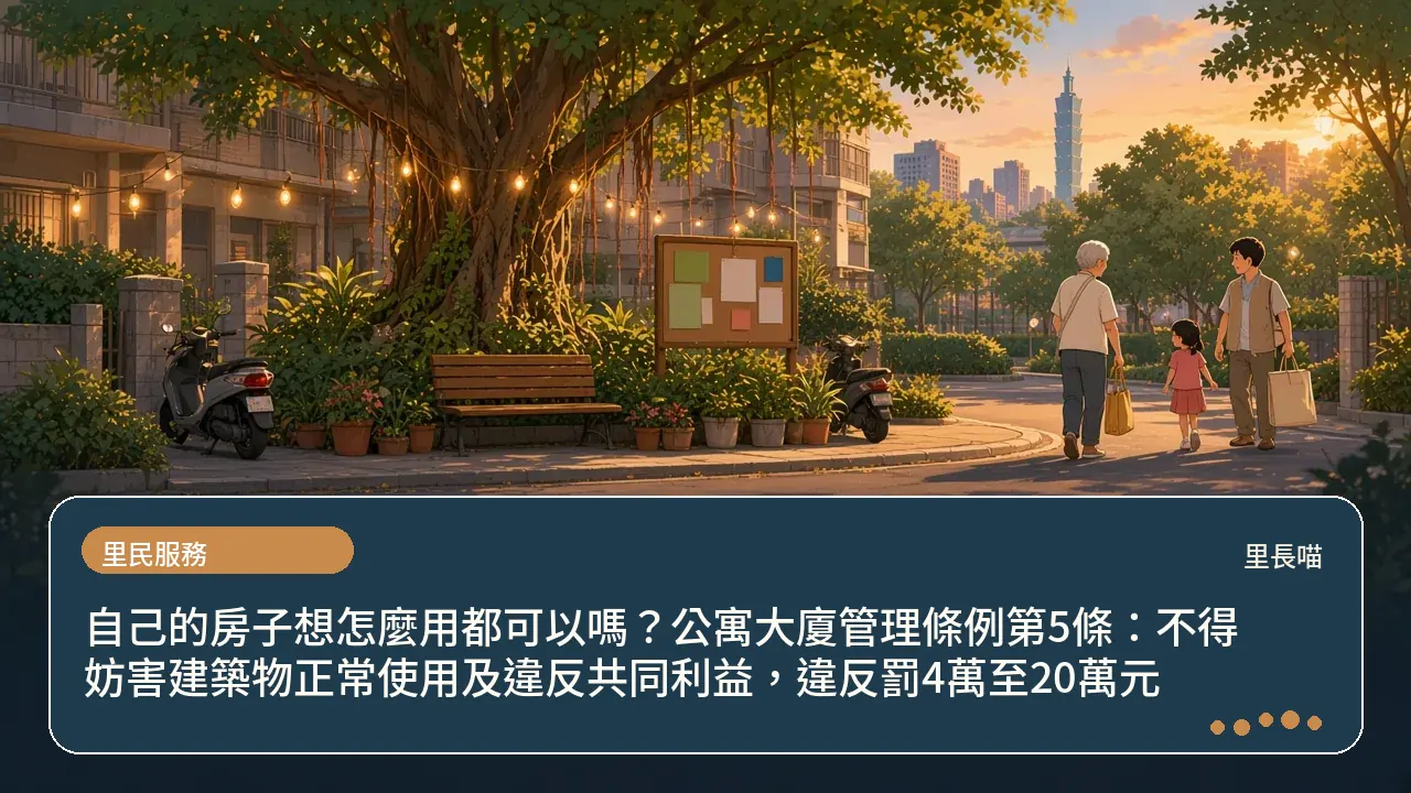 自己的房子想怎麼用都可以嗎?公寓大廈管理條例第5條:不得妨害建築物正常使用及違反共同利益,違反罰4萬至20萬元主題插畫