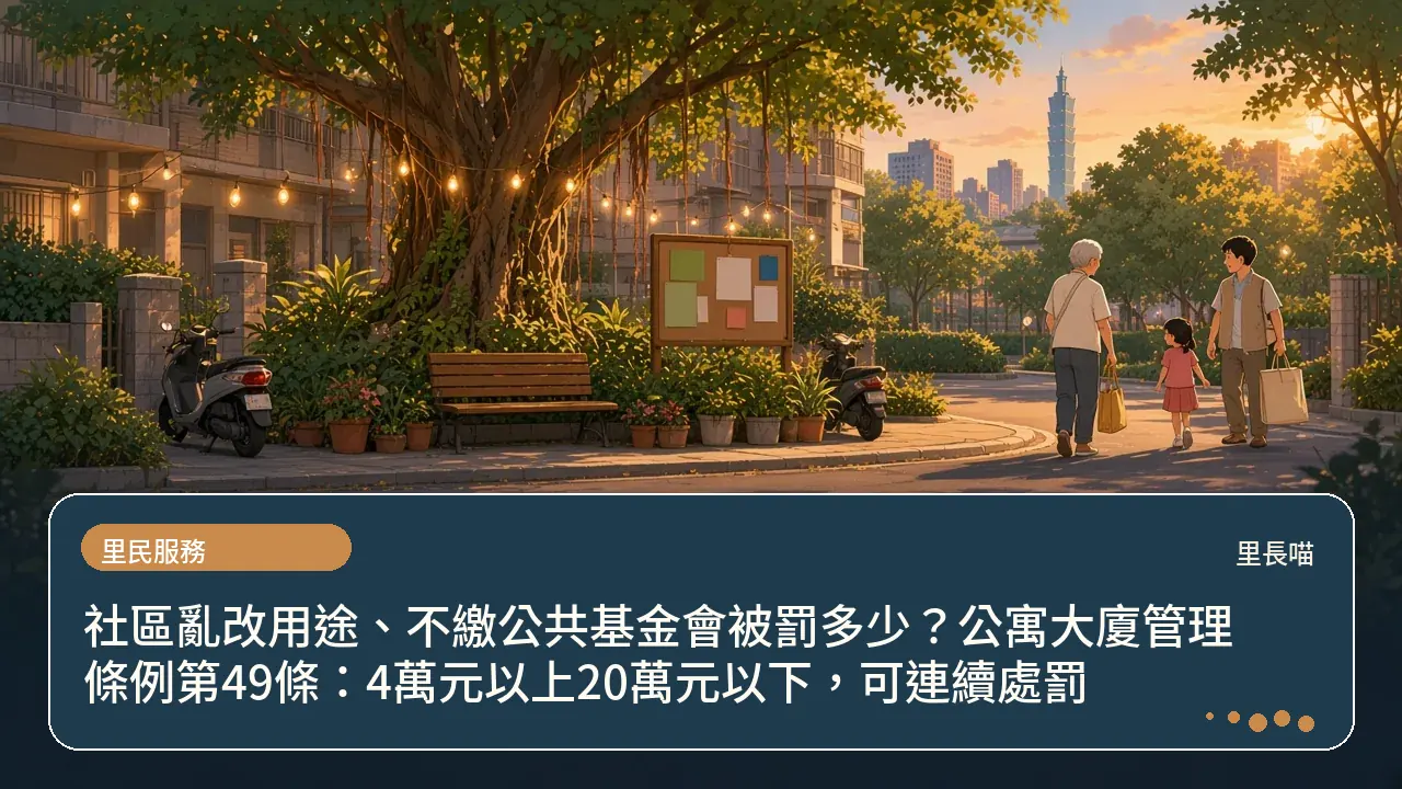 社區亂改用途、不繳公共基金會被罰多少?公寓大廈管理條例第49條:4萬元以上20萬元以下,可連續處罰主題插畫