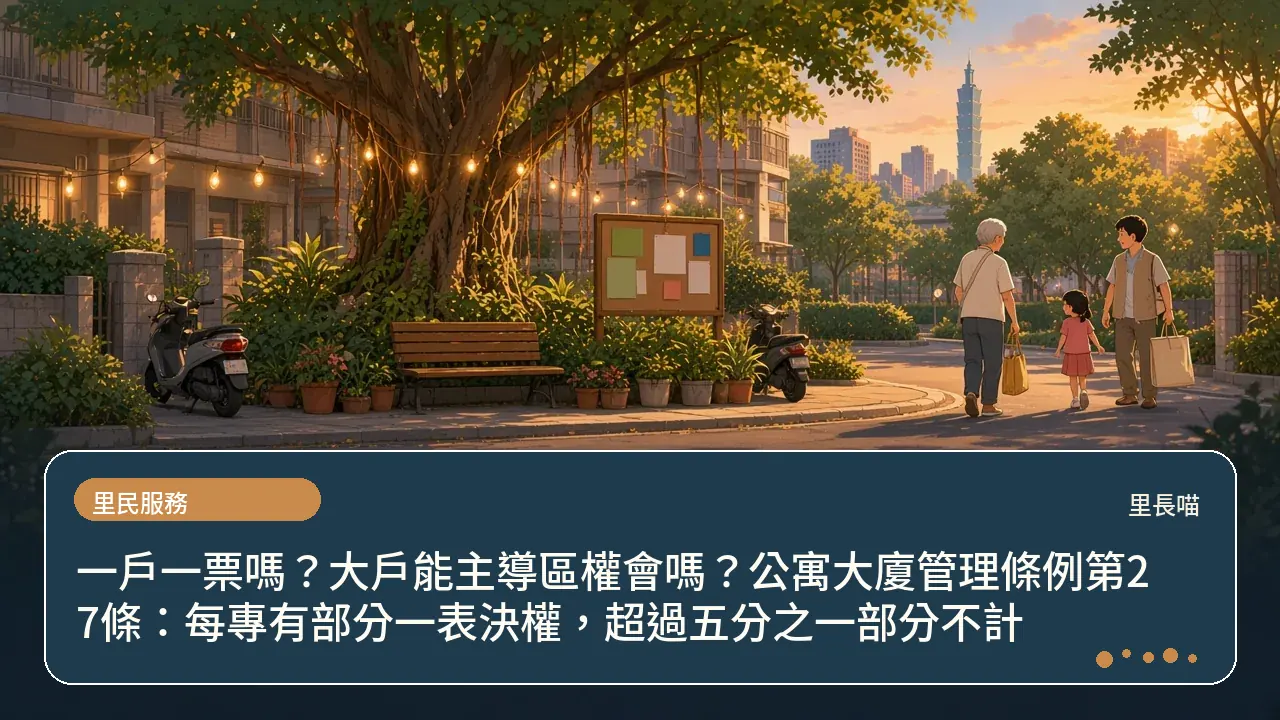 一戶一票嗎?大戶能主導區權會嗎?公寓大廈管理條例第27條:每專有部分一表決權,超過五分之一部分不計主題插畫