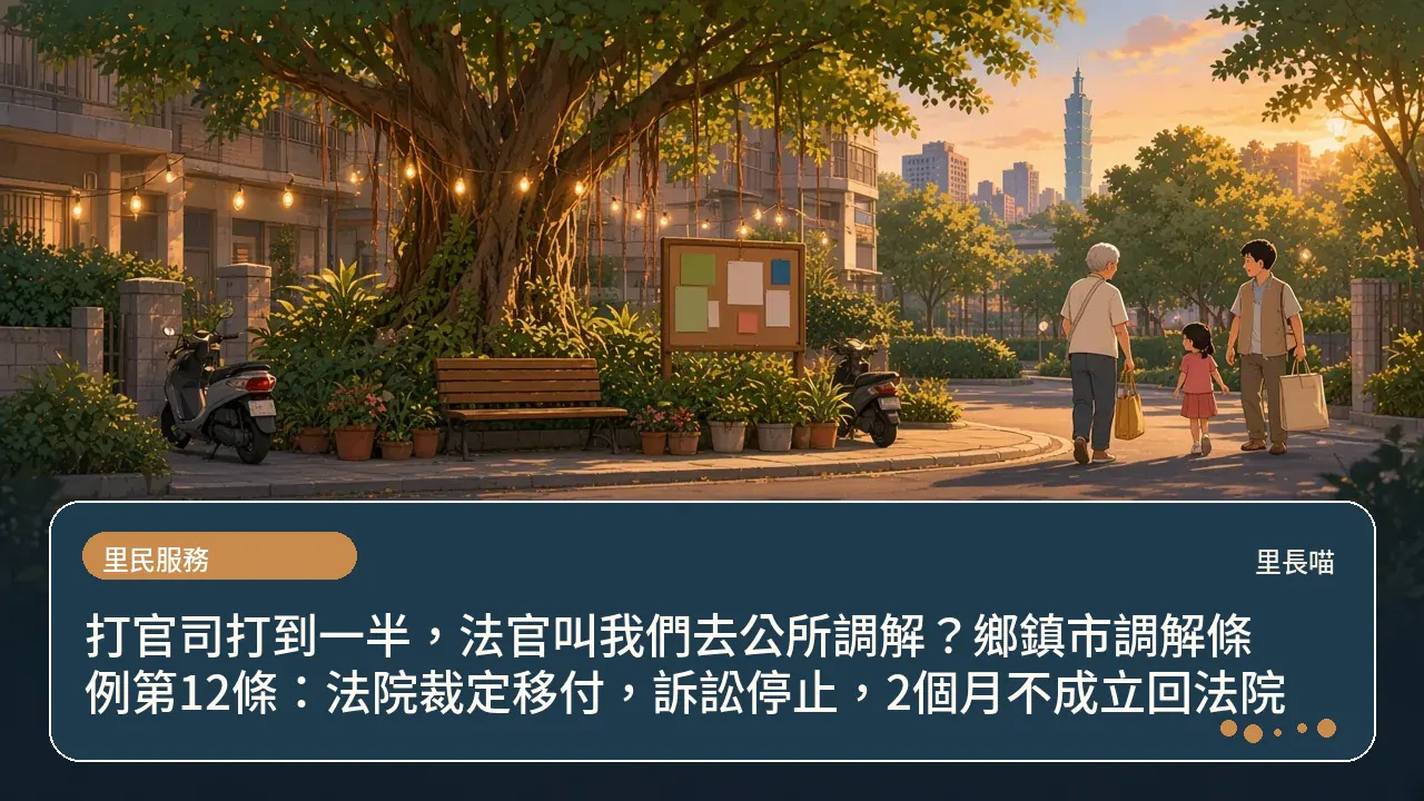 打官司打到一半,法官叫我們去公所調解?鄉鎮市調解條例第12條:法院裁定移付,訴訟停止,2個月不成立回法院主題插畫