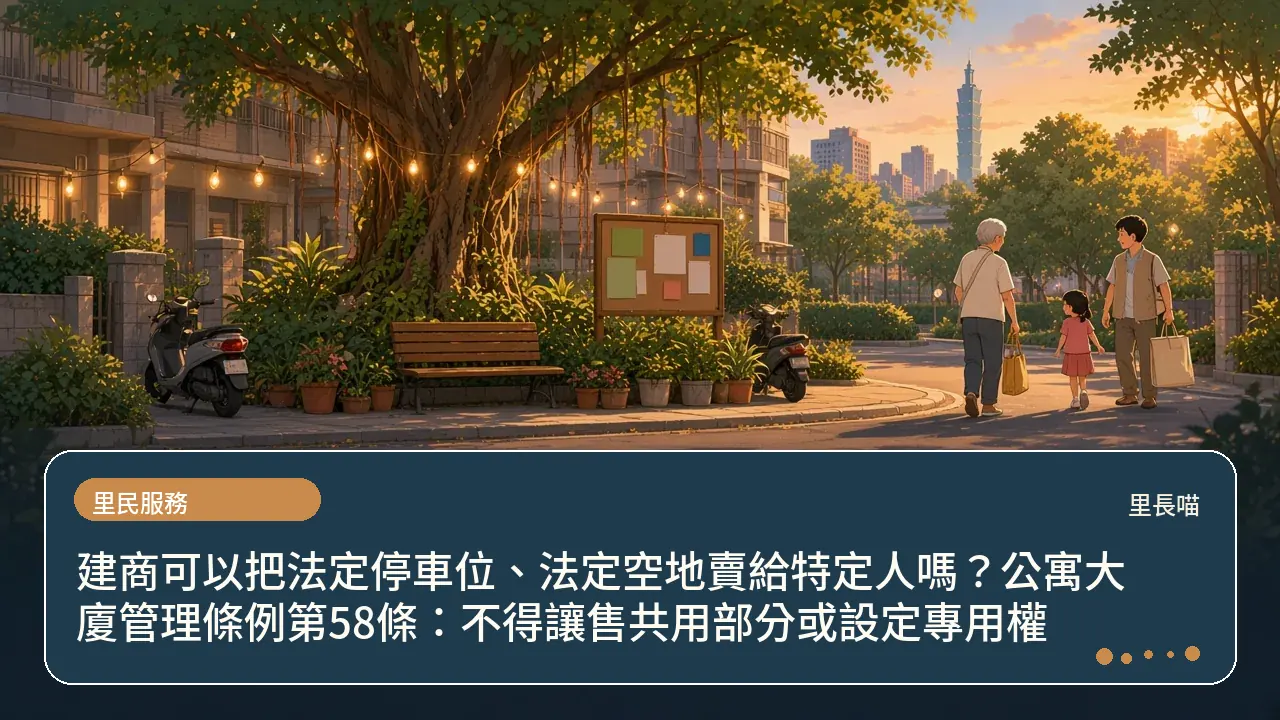 建商可以把法定停車位、法定空地賣給特定人嗎?公寓大廈管理條例第58條:不得讓售共用部分或設定專用權主題插畫