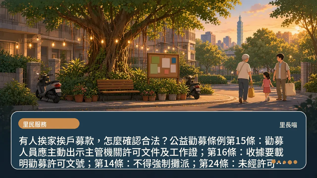 有人挨家挨戶募款，怎麼確認合法？公益勸募條例第15條：勸募人員應主動出示主管機關許可文件及工作證；第16條：收據要載明勸募許可文號；第14條：不得強制攤派；第24條：未經許可勸募，經制止仍不遵從處4萬元以上20萬元以下罰鍰主題插畫