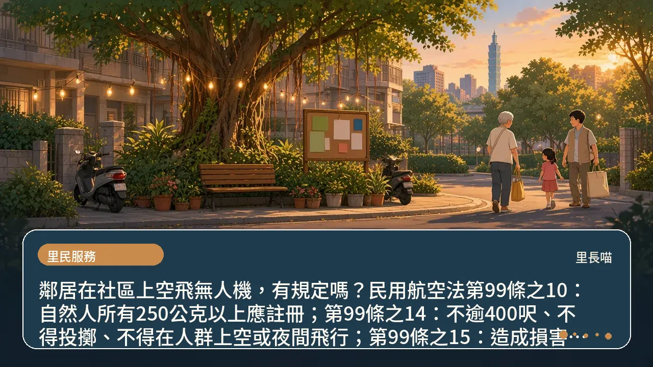鄰居在社區上空飛無人機，有規定嗎？民用航空法第99條之10：自然人所有250公克以上應註冊；第99條之14：不逾400呎、不得投擲、不得在人群上空或夜間飛行；第99條之15：造成損害由所有人負賠償責任主題插畫