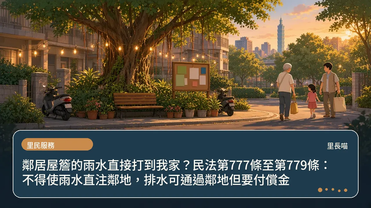 鄰居屋簷的雨水直接打到我家？民法第777條至第779條：不得使雨水直注鄰地，排水可通過鄰地但要付償金主題插畫