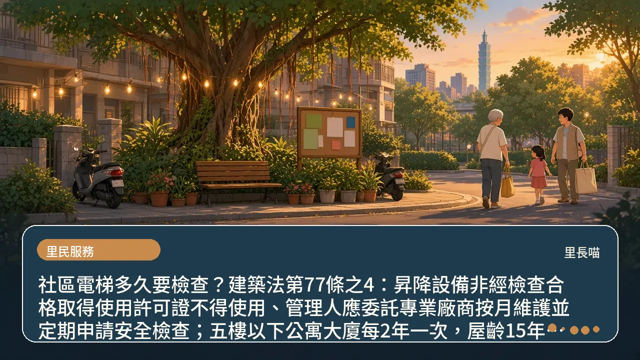 社區電梯多久要檢查?建築法第77條之4:昇降設備非經檢查合格取得使用許可證不得使用、管理人應委託專業廠商按月維護並定期申請安全檢查;五樓以下公寓大廈每2年一次,屋齡15年以上每年一次主題插畫