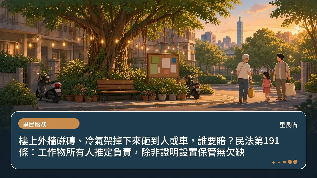 樓上外牆磁磚、冷氣架掉下來砸到人或車,誰要賠?民法第191條:工作物所有人推定負責,除非證明設置保管無欠缺主題插畫