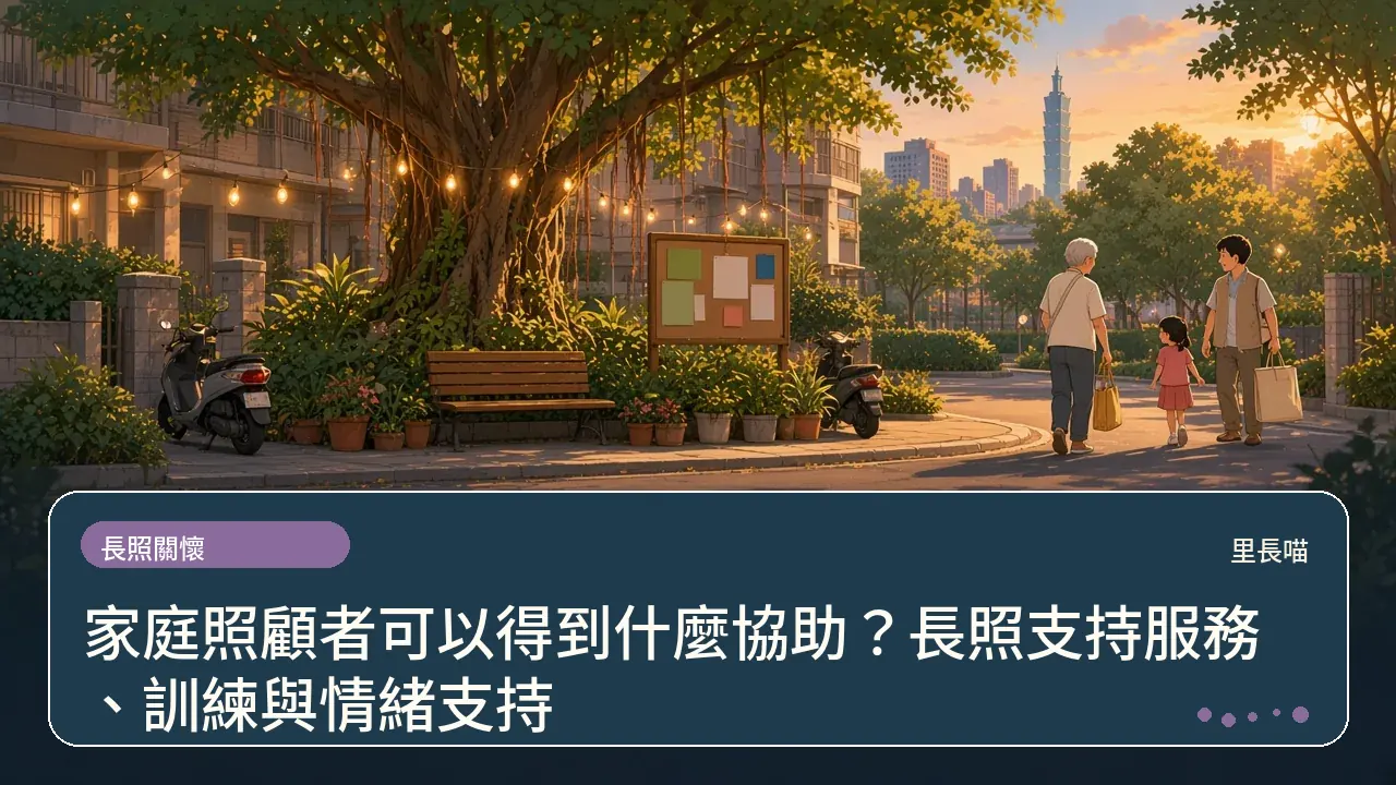 家庭照顧者可以得到什麼協助?長照支持服務、訓練與情緒支持主題插畫