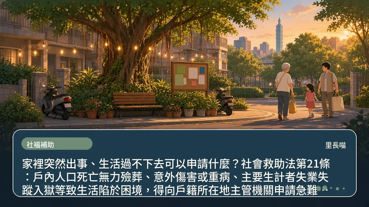 家裡突然出事、生活過不下去可以申請什麼？社會救助法第21條：戶內人口死亡無力殮葬、意外傷害或重病、主要生計者失業失蹤入獄等致生活陷於困境，得向戶籍所在地主管機關申請急難救助；第23條：以現金給付為原則主題插畫