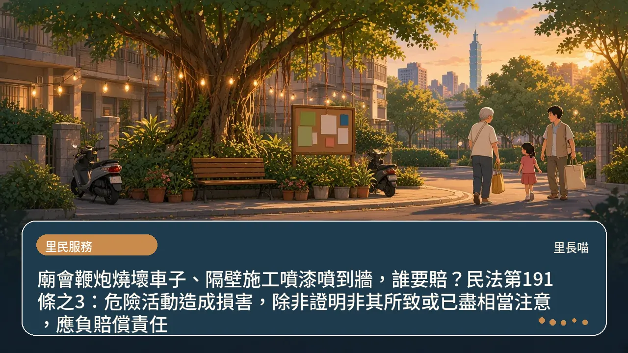 廟會鞭炮燒壞車子、隔壁施工噴漆噴到牆,誰要賠?民法第191條之3:危險活動造成損害,除非證明非其所致或已盡相當注意,應負賠償責任主題插畫