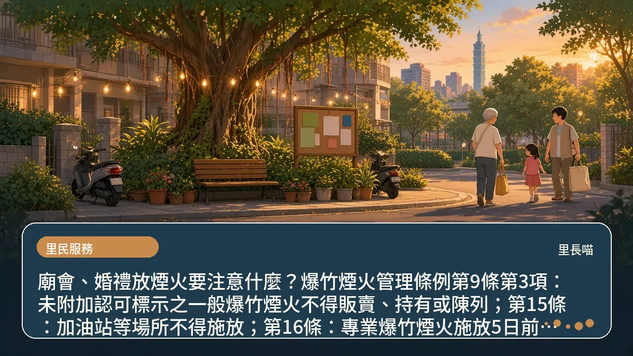 廟會、婚禮放煙火要注意什麼？爆竹煙火管理條例第9條第3項：未附加認可標示之一般爆竹煙火不得販賣、持有或陳列；第15條：加油站等場所不得施放；第16條：專業爆竹煙火施放5日前申請許可；第17條、第29條：違反縣市施放自治法規處3萬元以上15萬元以下罰鍰主題插畫