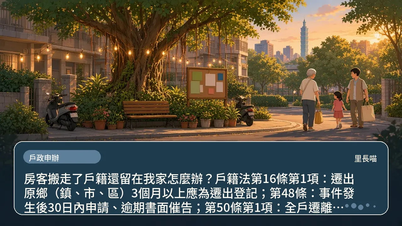 房客搬走了戶籍還留在我家怎麼辦？戶籍法第16條第1項：遷出原鄉（鎮、市、區）3個月以上應為遷出登記；第48條：事件發生後30日內申請、逾期書面催告；第50條第1項：全戶遷離、無法催告，經房屋所有權人申請，戶政事務所得將其全戶戶籍暫遷至該戶政事務所主題插畫