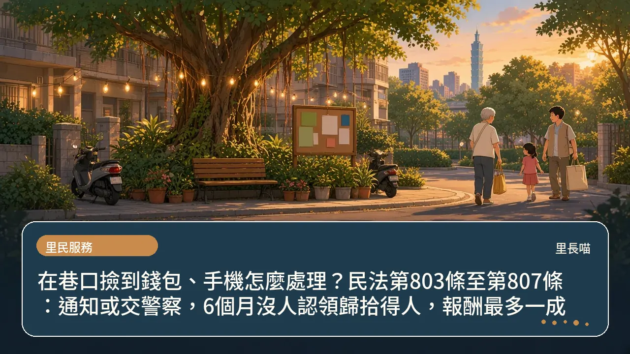 在巷口撿到錢包、手機怎麼處理？民法第803條至第807條：通知或交警察，6個月沒人認領歸拾得人，報酬最多一成主題插畫