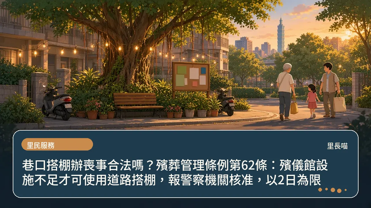 巷口搭棚辦喪事合法嗎?殯葬管理條例第62條:殯儀館設施不足才可使用道路搭棚,報警察機關核准,以2日為限主題插畫