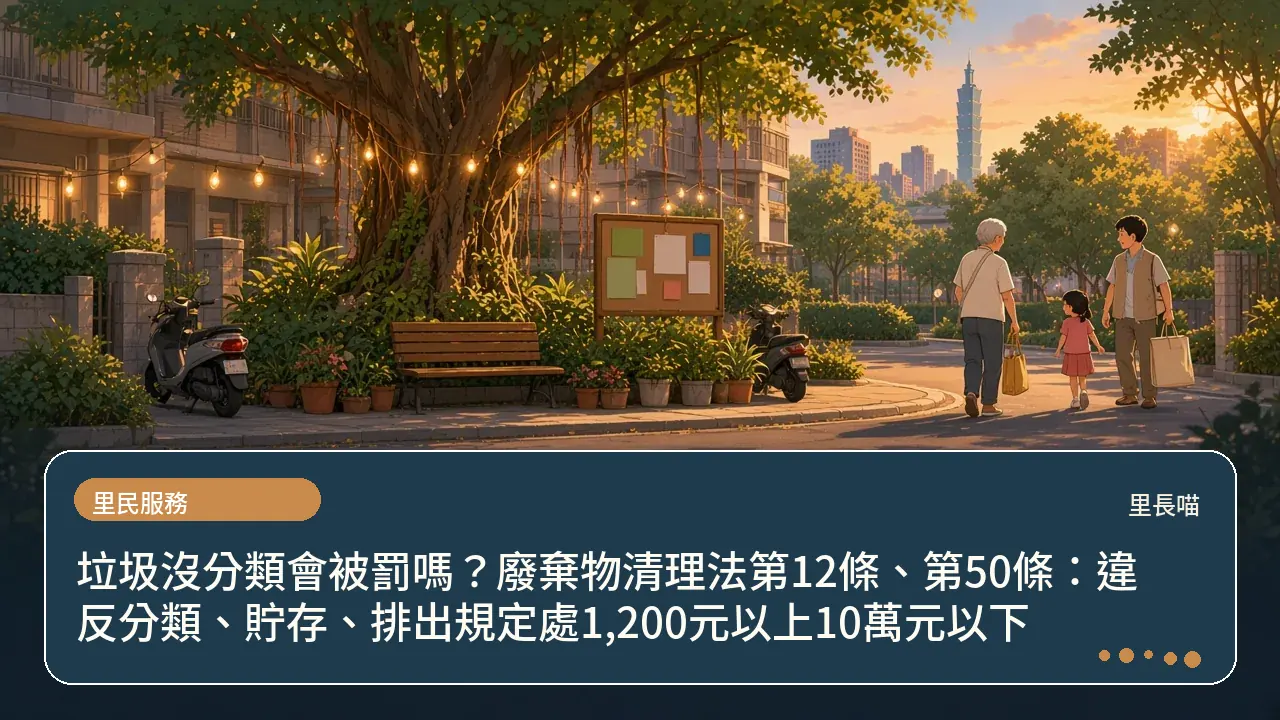 垃圾沒分類會被罰嗎?廢棄物清理法第12條、第50條:違反分類、貯存、排出規定處1,200元以上10萬元以下主題插畫