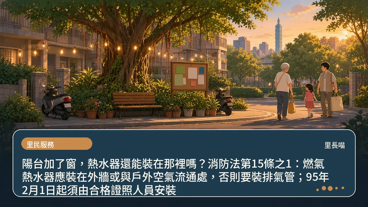 陽台加了窗，熱水器還能裝在那裡嗎？消防法第15條之1：燃氣熱水器應裝在外牆或與戶外空氣流通處，否則要裝排氣管；95年2月1日起須由合格證照人員安裝主題插畫