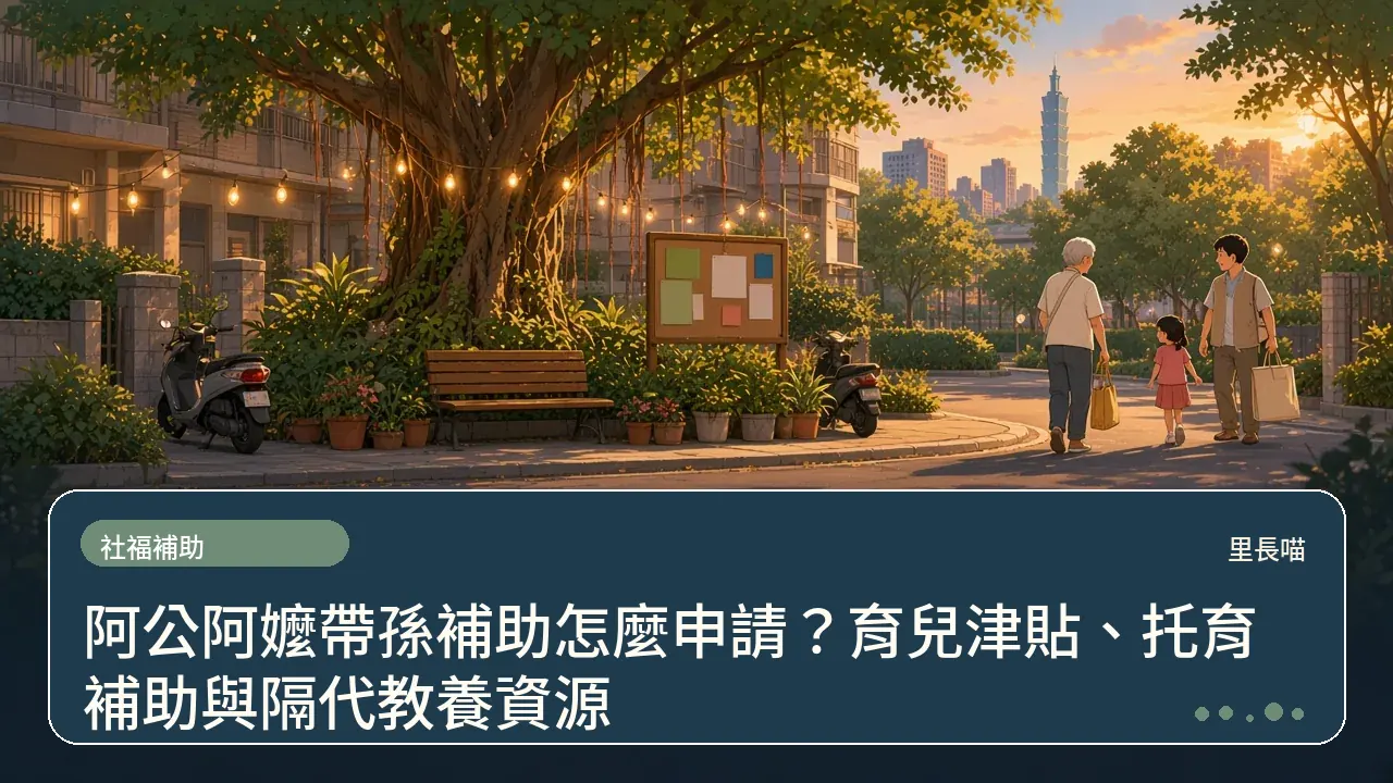 阿公阿嬤帶孫補助怎麼申請?育兒津貼、托育補助與隔代教養資源主題插畫