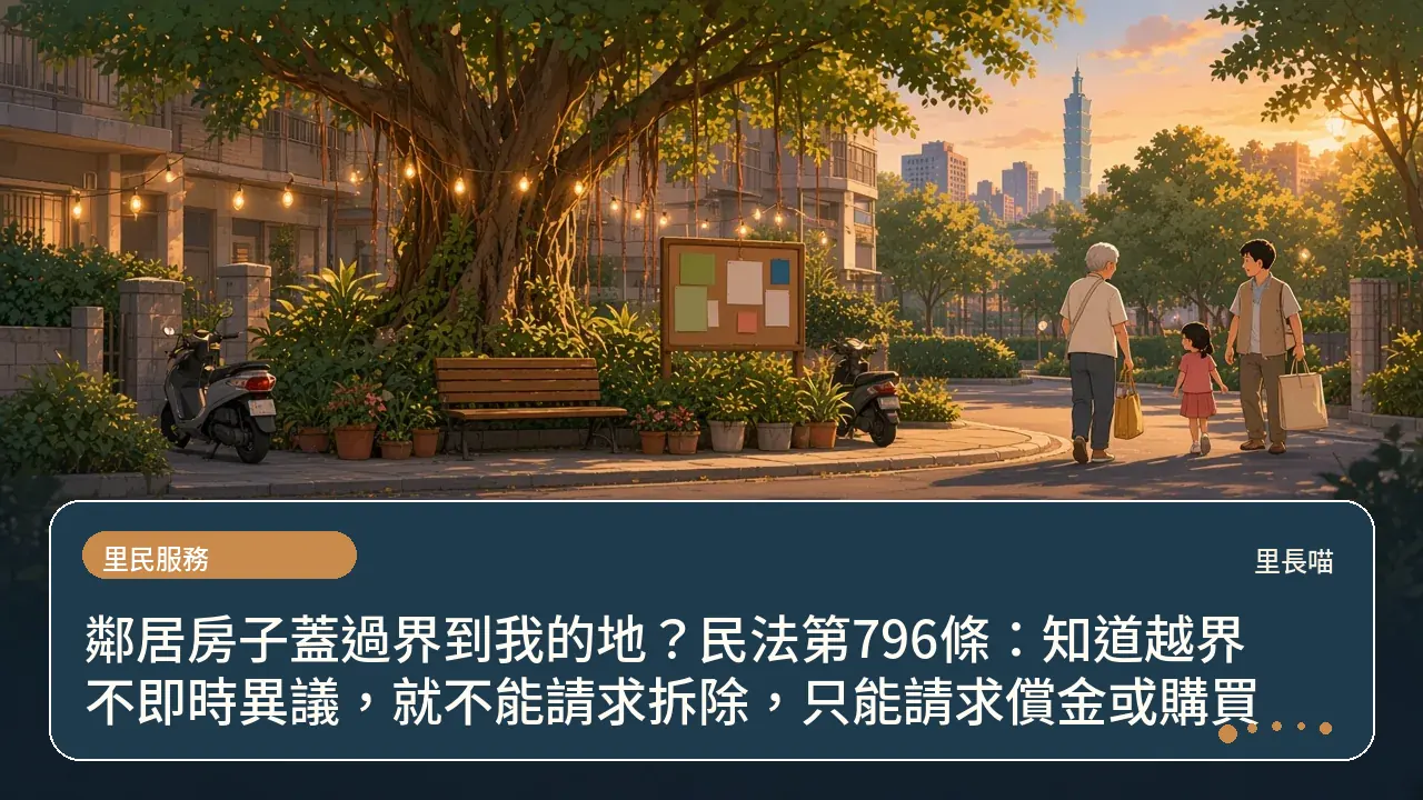 鄰居房子蓋過界到我的地?民法第796條:知道越界不即時異議,就不能請求拆除,只能請求償金或購買主題插畫