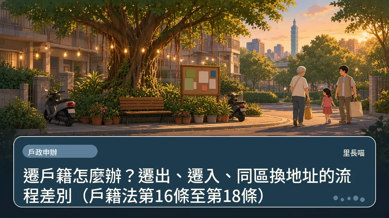 遷戶籍怎麼辦?遷出、遷入、同區換地址的流程差別(戶籍法第16條至第18條)主題插畫