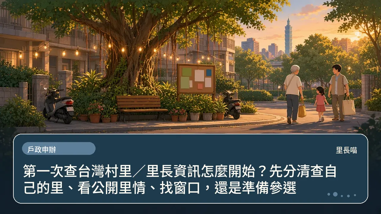 第一次查台灣村里／里長資訊怎麼開始？先分清查自己的里、看公開里情、找窗口，還是準備參選主題插畫